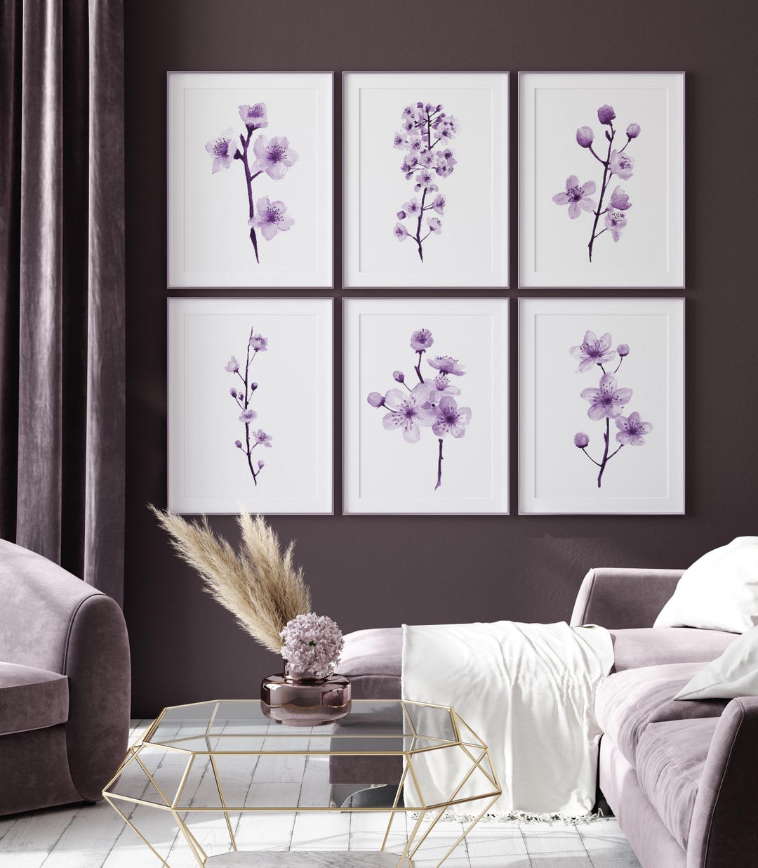 Printable Purple Watercolor Flowers, Purple Flowers Wall Art Set of 6 ...