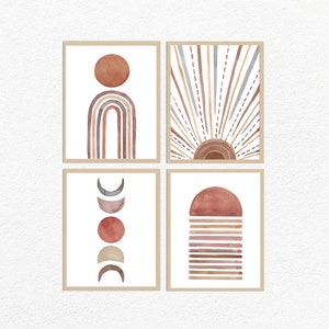 Boho wall art set 4, sun and moon boho art, boho decor, boho art, abstract beige set, modern abstract boho wall art, bohemian art prints,