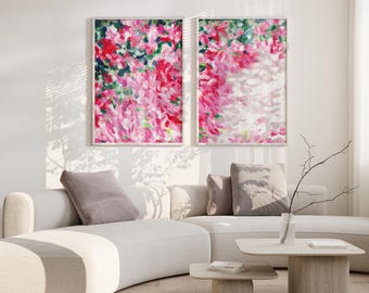 モダンなピンクの花の抽象的な壁アート2点セット、印刷可能なピンクと緑の抽象的な花、モダンな明るい壁アートセット