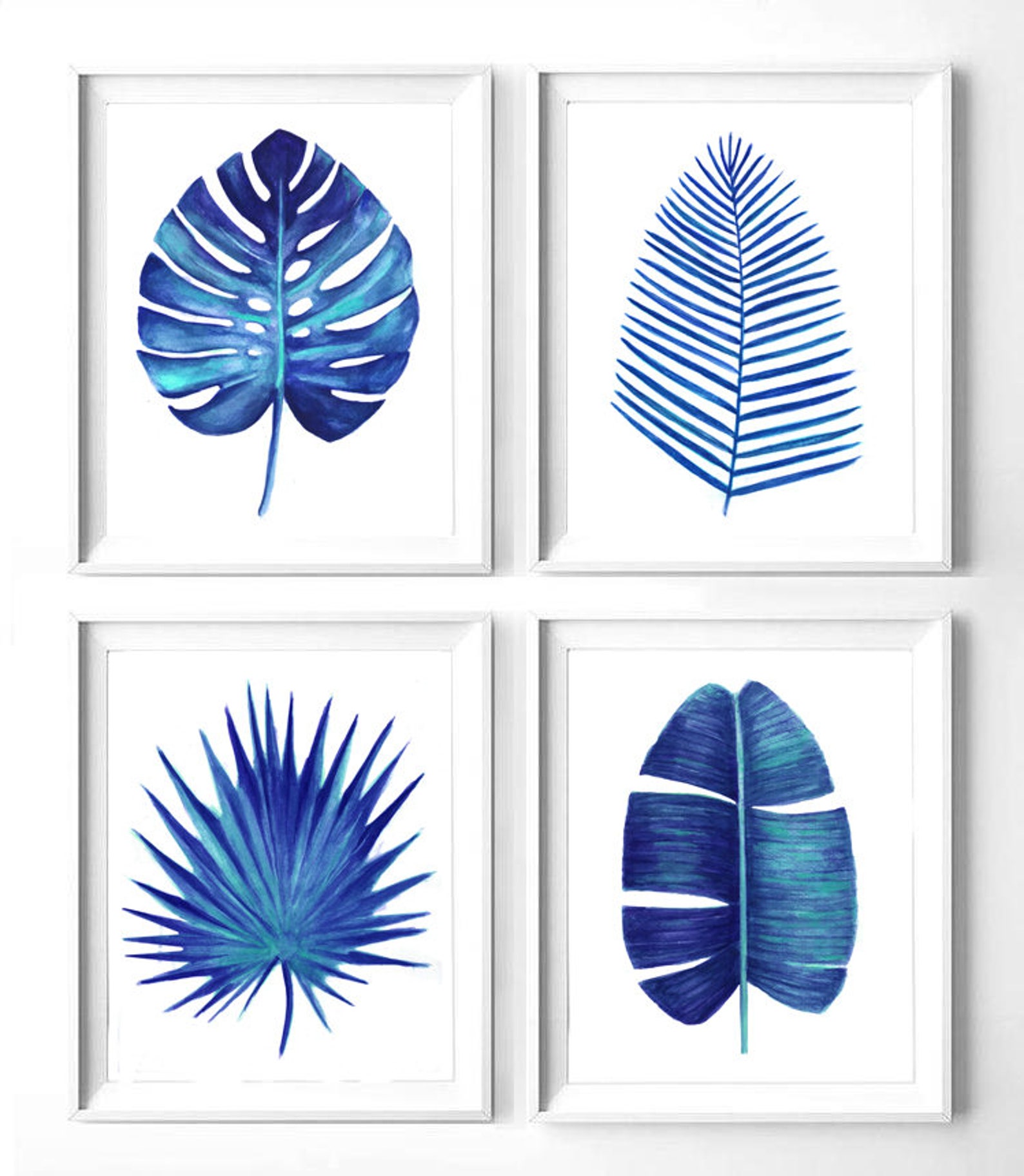 Blue botanical print set watercolor botanical palm leaves | Etsy