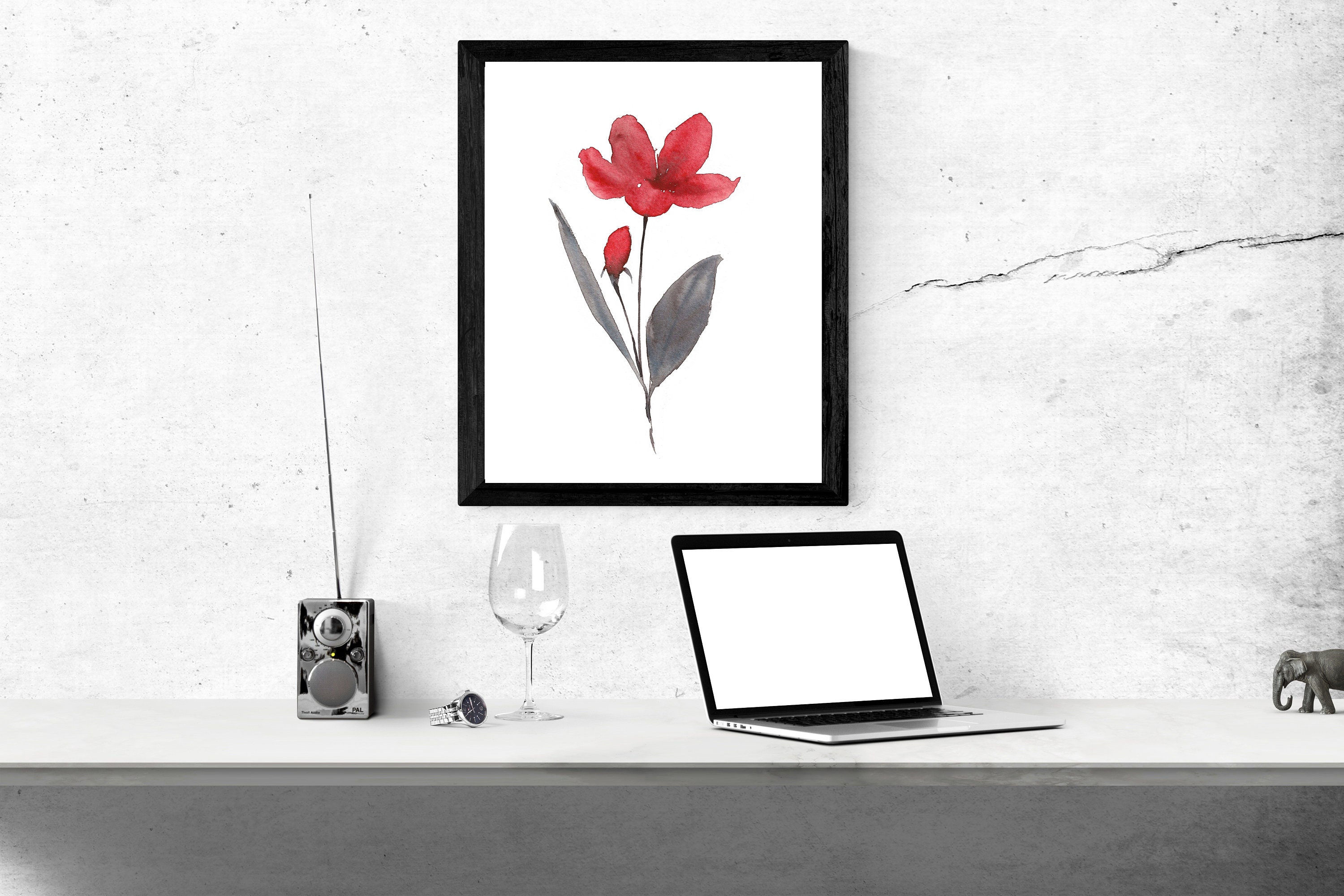 Red Floral Watercolor Art Print Set, Minimalist Wall Decor (digital ...
