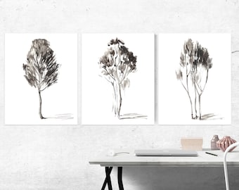 Printable minimalist black and white prints, Printable ink  trees wall art set of 3, Minimalist wall art set of 3 prints