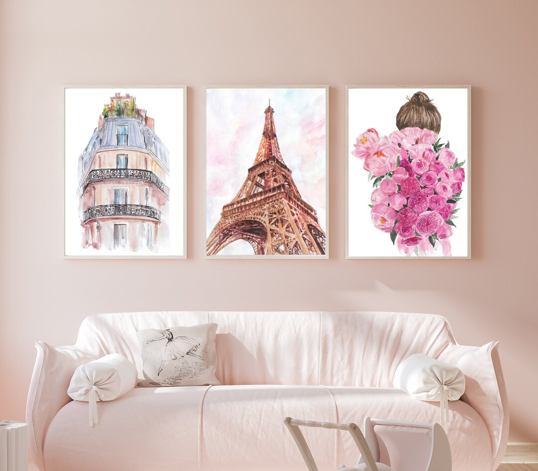 Paris Wall Art Set Printable Paris Prints Pink Paris Wall Etsy