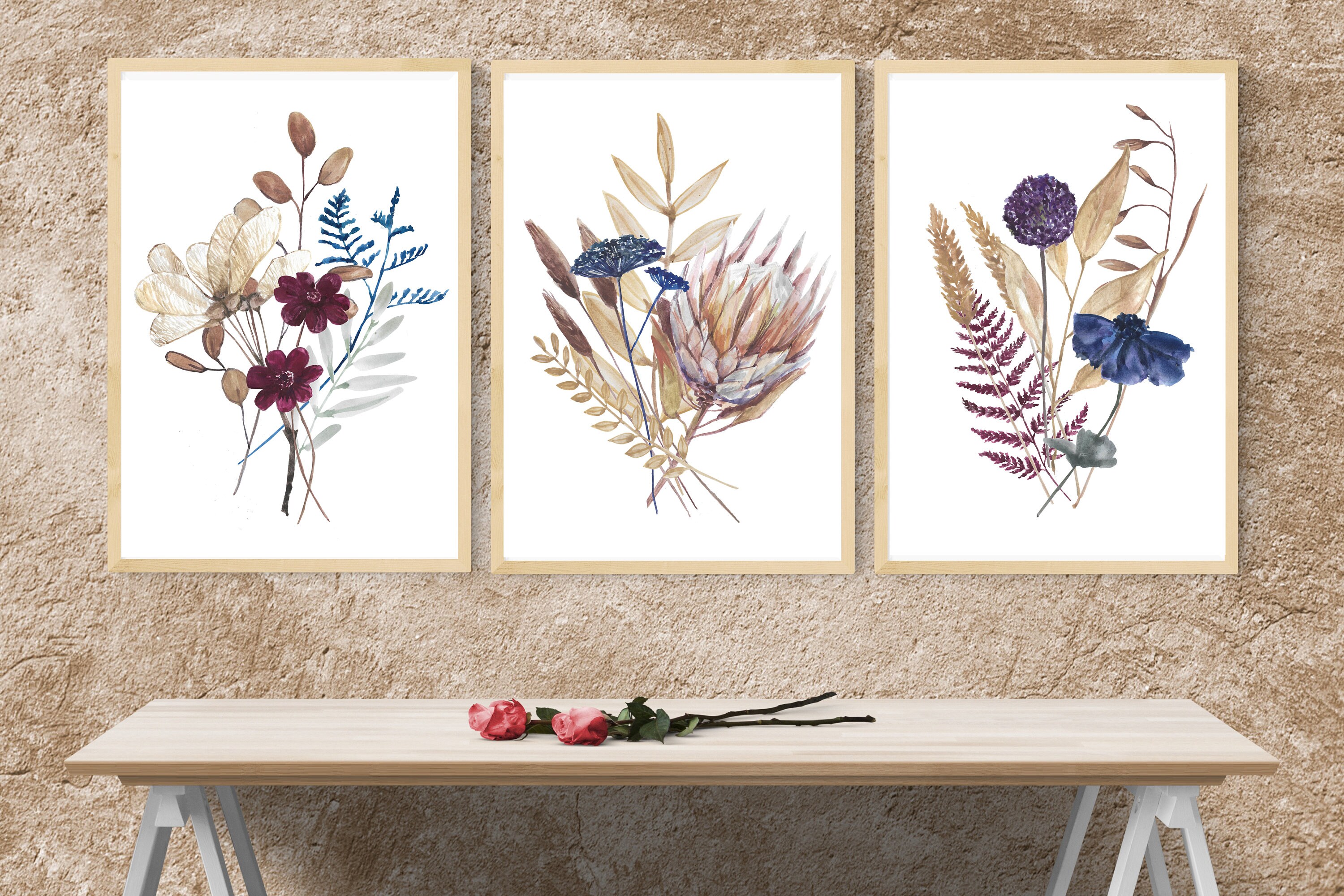 Wildflowers Wall Art Set, Printable Floral Wall Art Set of 3, Boho ...