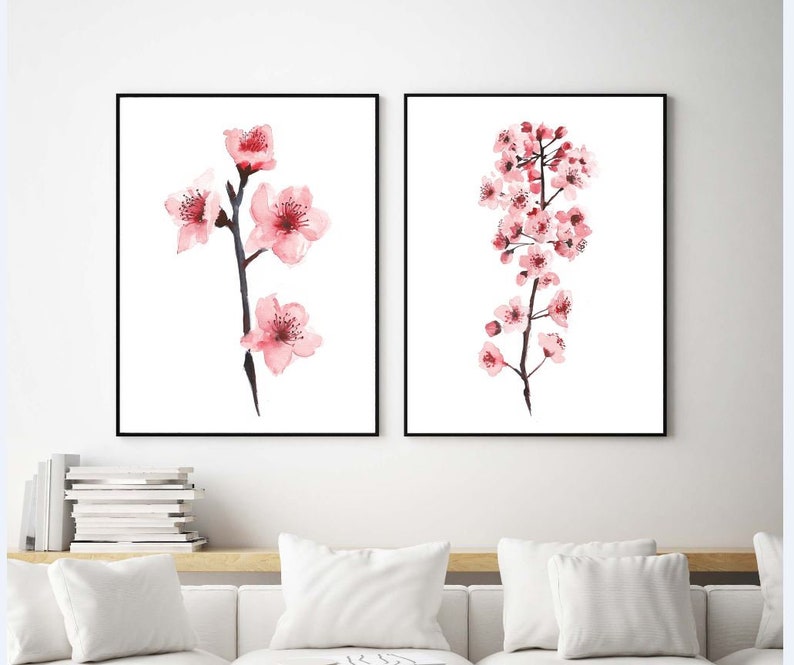 Cherry Blossom Wall Art Printable Birches Set Of 2 Spring Decor Watercolor Flowers Sakura Flower