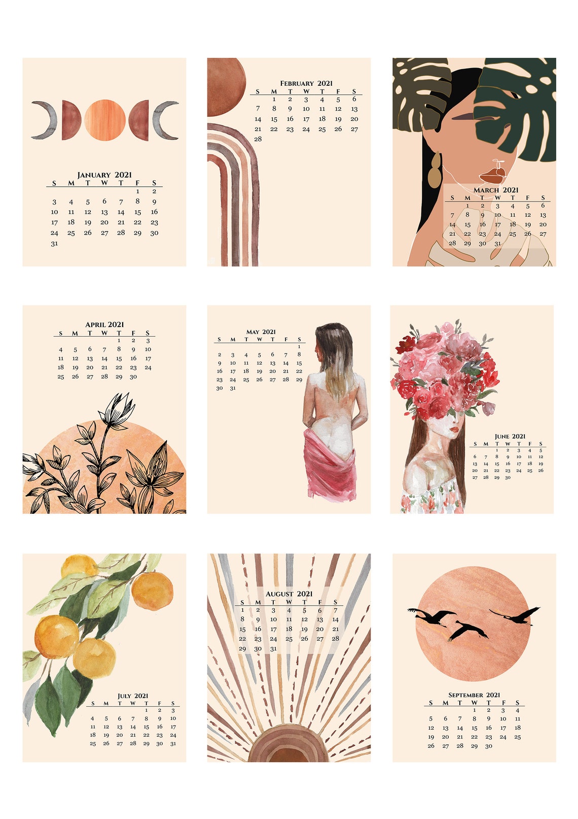 Boho Calendar 2021 printable Bohemian calendar 2021 modern Etsy