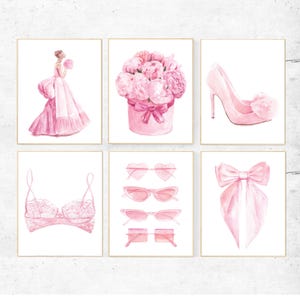Conjunto de 6 impresiones de arte mural de moda en rosa ruborizado, conjunto de arte mural de lujo con acuarela rosa para maquillaje, ilustraciones de moda descargables