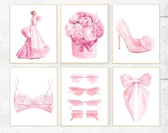 Blush Pink fashion wall art set of 6 prints, Pink watercolor luxury fashion make up room wall art set, Downloadable fashion illustrations