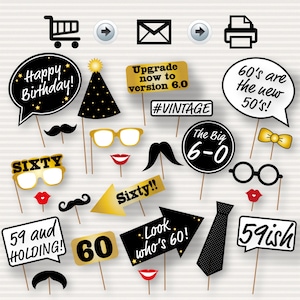 60th Birthday Party Printable Photo Booth Props - Glasses, Hats, Ties, Lips, Mustaches, Speech - INSTANT DOWNLOAD - Printable Birthday Props