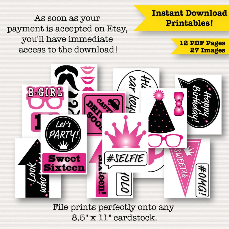 Sweet 16 Photo Booth Printable Props Printable Sweet Sixteen Photobooth 16th Birthday Party Sweet 16 Party Sweet Sixteen Pink DIY image 2