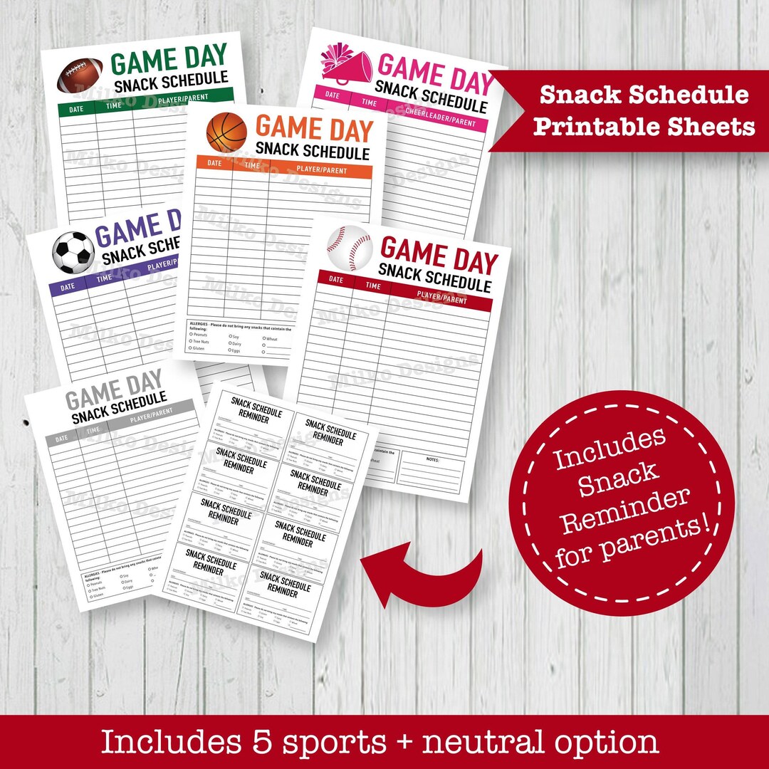 Game Day Snack Printable Schedule Includes 5 Sports, Neutral Template ...