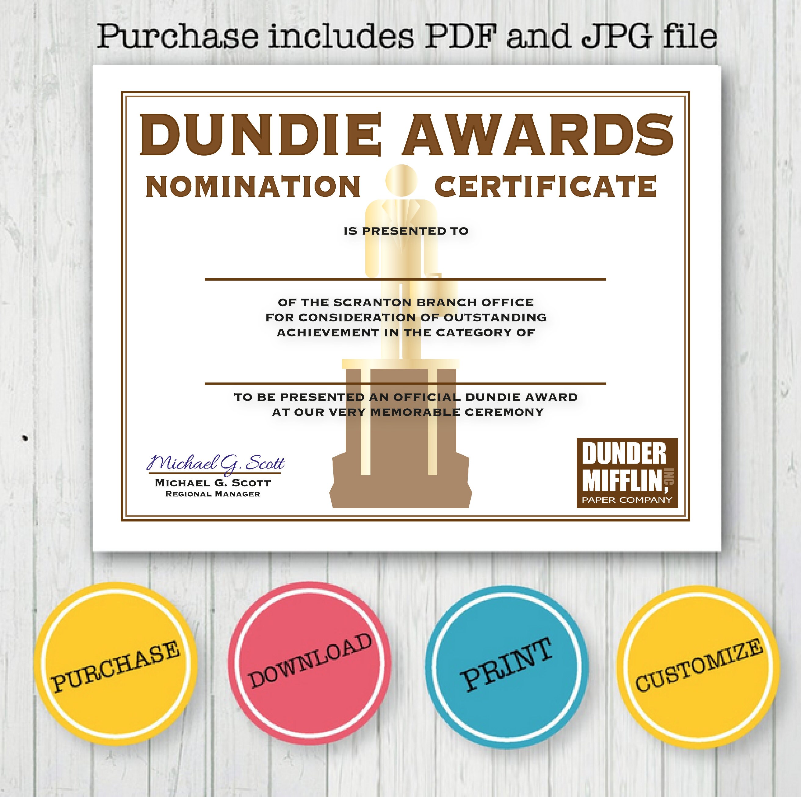 Dundie Awards Certificate The Office TV Printable Etsy