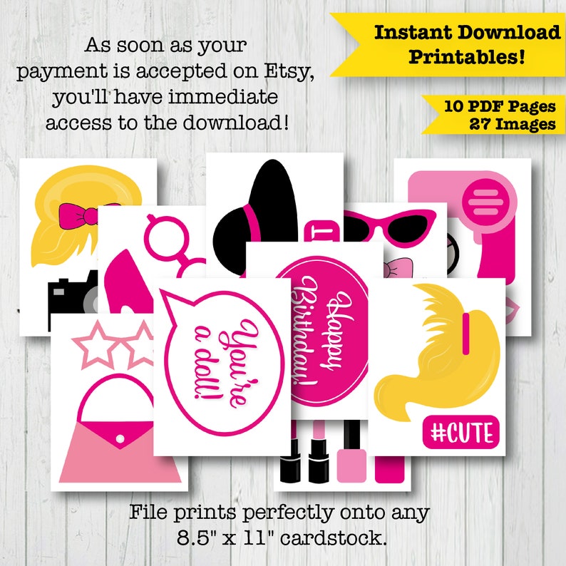 Girly Doll Photo Booth Printable Props Doll Inspired Props Girl Birthday Party Photobooth Props Barbie insipired Instant