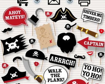 Pirate Photo Booth Printable Props - INSTANT DOWNLOAD - Moustache, Beards, Hook, Map, Hat, Parrot, Bandana, Telescope - Pirate's Party - diy