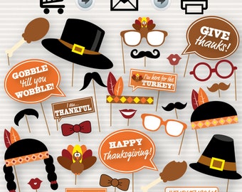 Thanksgiving Party Printable Photo Booth Props - Glasses, Hats, Ties, Lips, Mustaches, Turkey - INSTANT DOWNLOAD - Party Printable