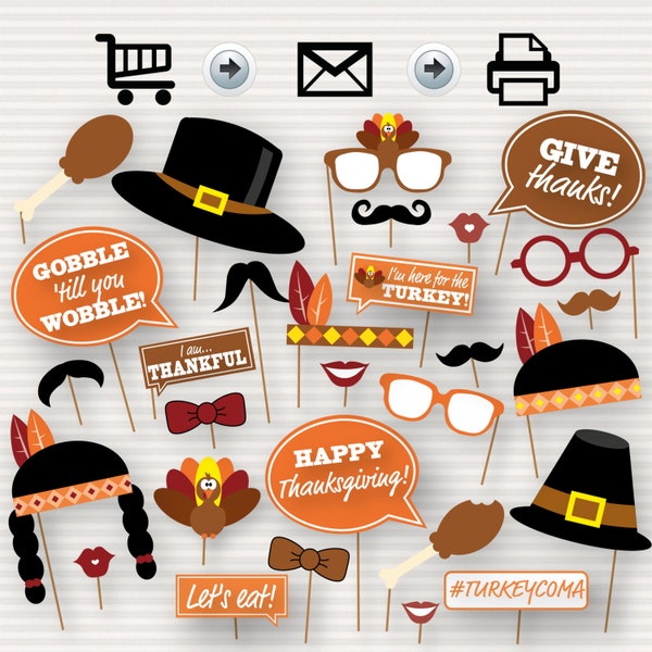 Thanksgiving Party Printable Photo Booth Props - Glasses, Hats, Ties, Lips, Mustaches, Turkey - INSTANT DOWNLOAD - Party Printable