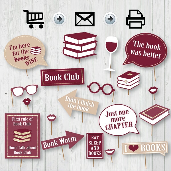 Book Club Photo Booth Printable Props - Book Club Wine Reading Chapter Book Worm I Love Books Girl's Night Literary Novel - Instant Download