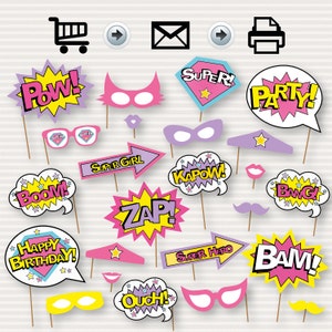 Superhero Photo Booth Printable Props - Superhero Party Decorations - Girl Superhero Party Signs - PInk Super Hero Party - Instant Download