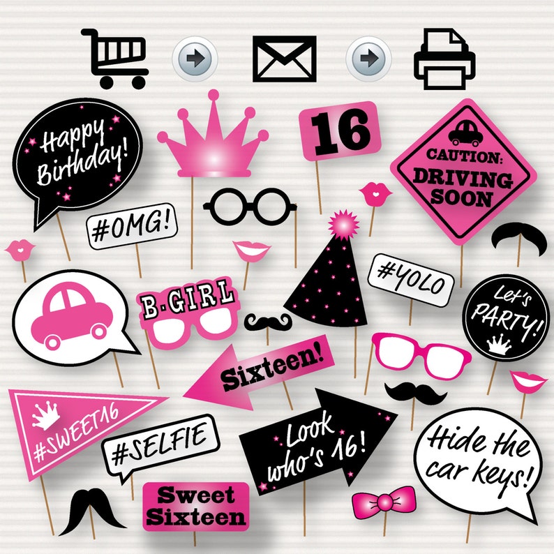 Sweet 16 Photo Booth Printable Props Printable Sweet Sixteen Photobooth 16th Birthday Party Sweet 16 Party Sweet Sixteen Pink DIY image 1