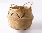 Sleepy Eyes Eyelashes Sea Grass Belly Basket Panier Boule Nursery Toy Storage Tote Bag Planter