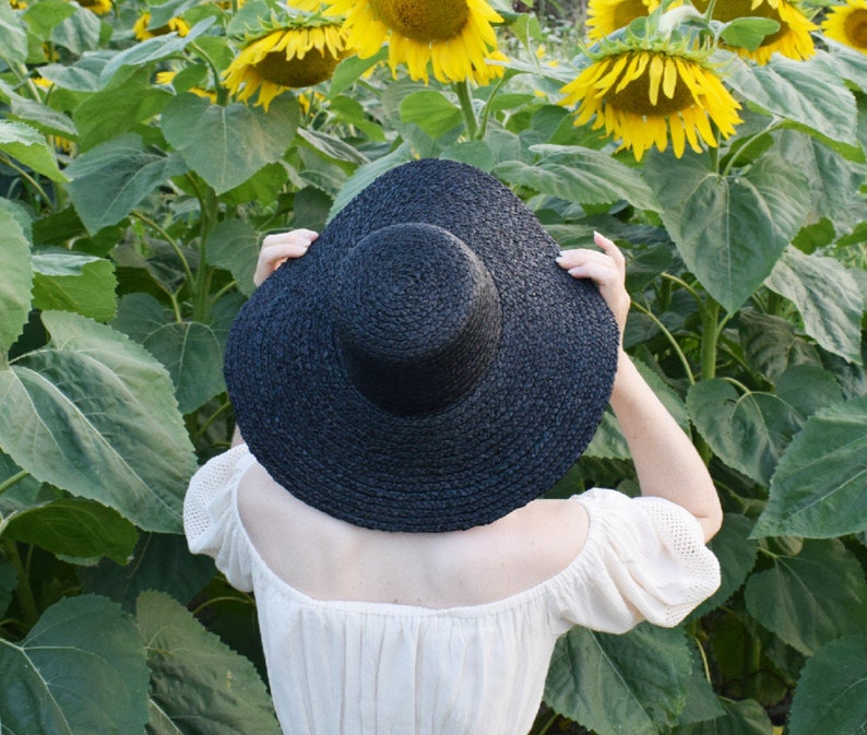 Black Straw Hat Boater Style Sun Hat Chapeau de Paille Strohhut