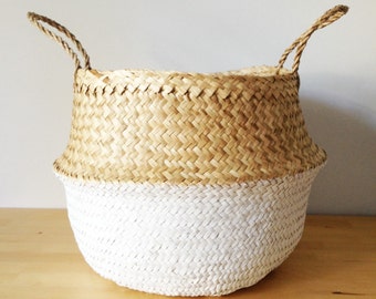 Dipped White Belly Basket Seagrass Panier Boule Large Medium Nursery Toy Storage Planter Market Tote Bag