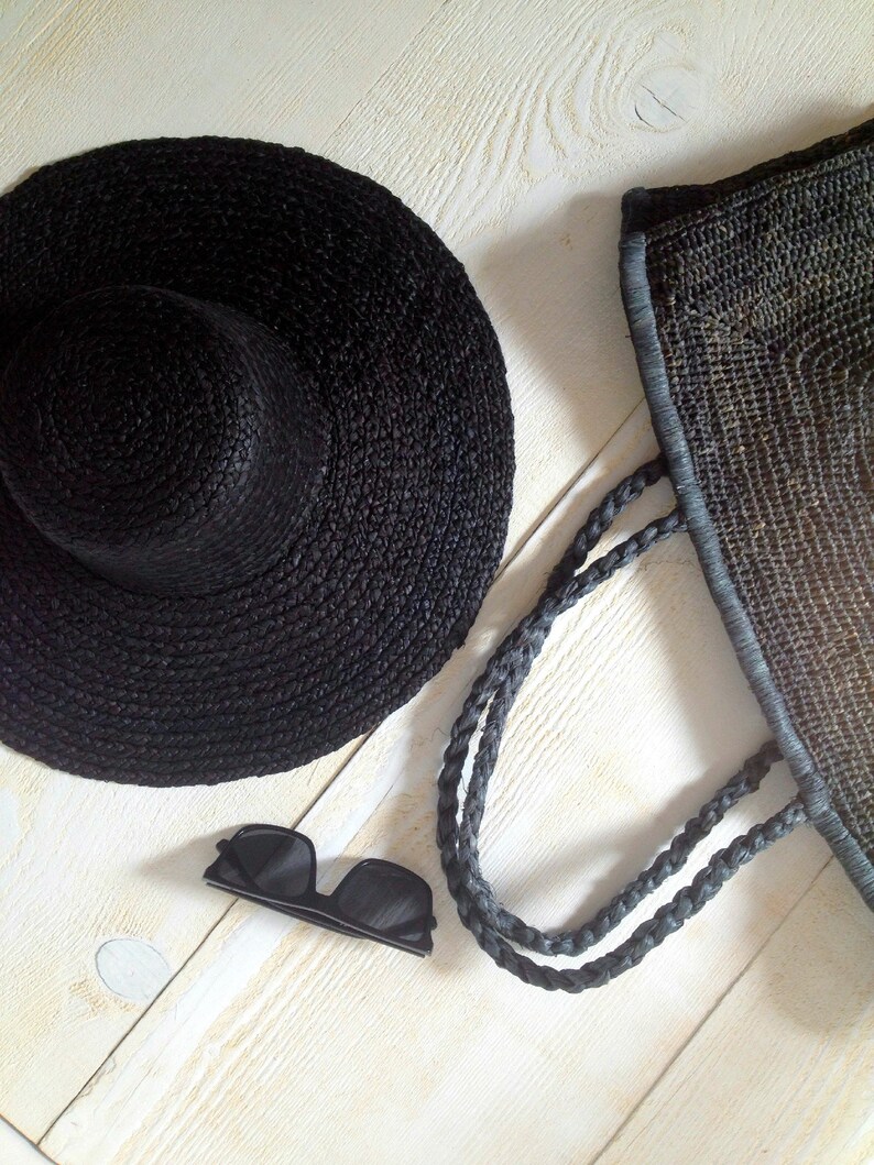 Black Straw Hat Boater Style Sun Hat Chapeau de Paille Strohhut
