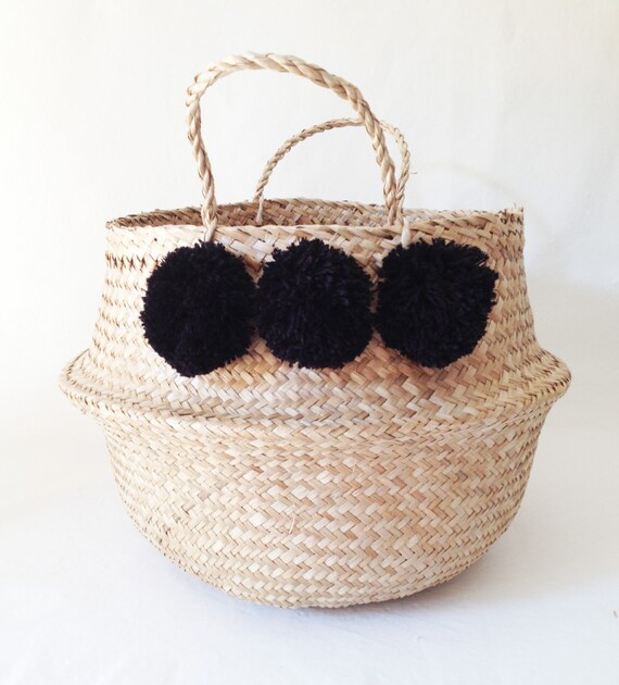Pom Pom Seagrass Belly Basket Black Panier Boule Nursery Toy