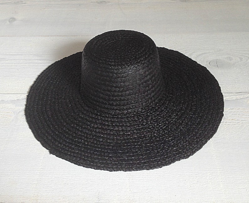Black Straw Hat Boater Style Sun Hat Chapeau de Paille Strohhut