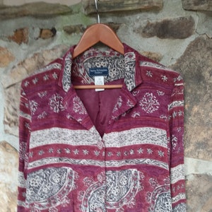80s Maroon Tribal Rayon Blouse - Size 10 Petite