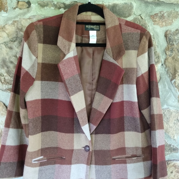 Vtg Brown Plaid Wool Blazer One Button Fully Lined Size 8 FREE SHIPPING