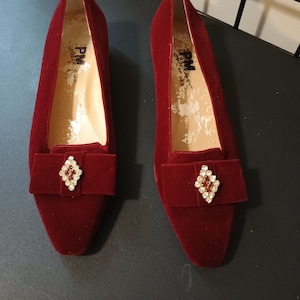 Vintage 70s Red Velvet Loafers: Jeweled Bow Detail, Size 6