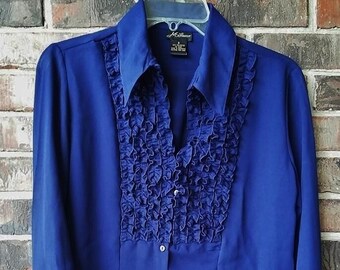 Sheer Ruffle Blouse Vtg 70s Royal Blue Small by Milano FREE SHIPPING