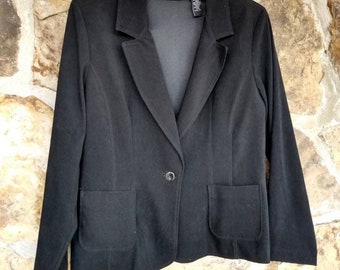 90s Black Blazer Velour Jacket Size 10 p Collar Front Pockets Large Buttons Shoulder Pads FREE SHIPPING