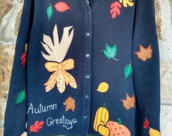 Large Fall Sweater Autumn Greetings Navy Blue Embroidered Button Front FREE SHIPPING