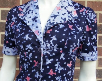 Handmade 70s Bird Print Blouse: Two-Tone Collar, Size Small