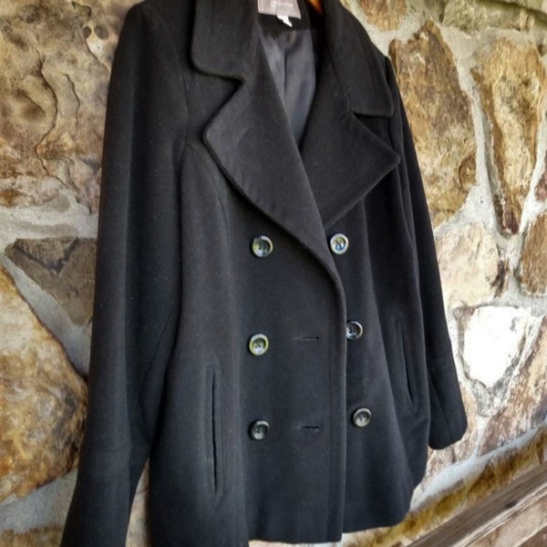 Croft & Barrow 90s Pea Coat Black Wool Double Breasted Large FREE SHIPPING