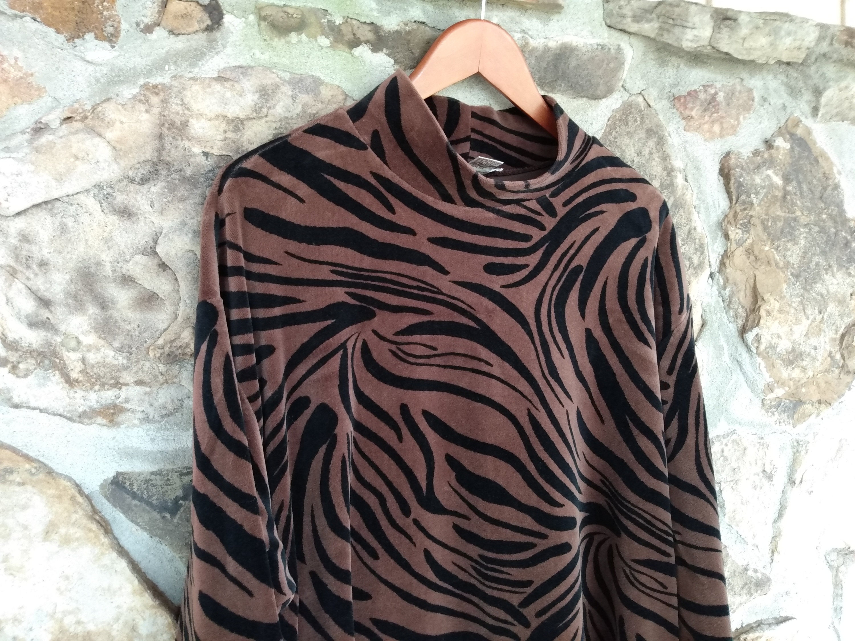 90s Velour Animal Print Top: Long Sleeve Cowl Neck Tunic