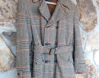 lapel side pockets woolen plaid long coat