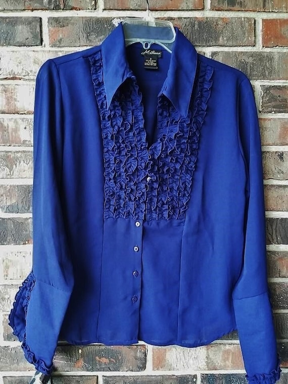 Sheer Ruffle Blouse Vtg 70s Royal Blue Small by M… - image 1