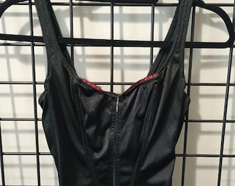 Vintage 90s Black Bustier Top: Red Trim, Hook & Eye - Medium