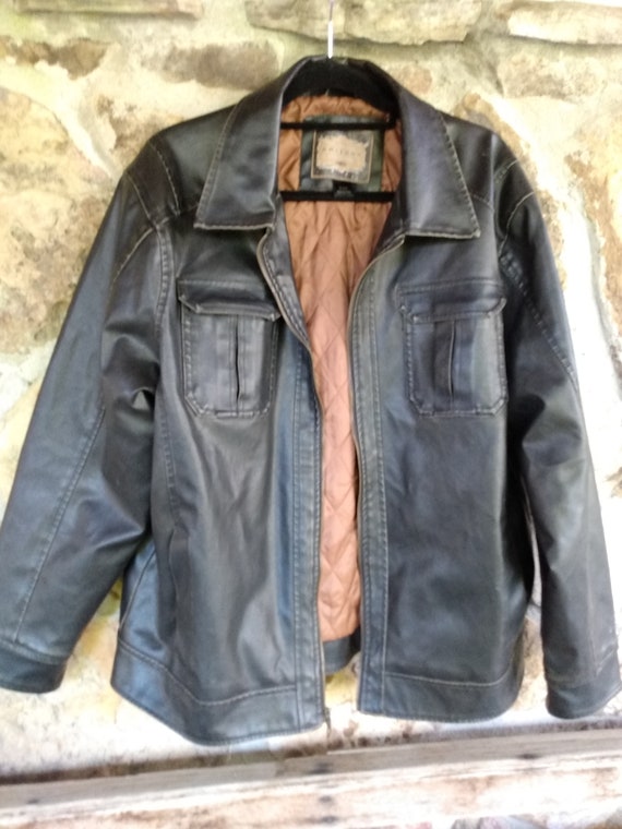 Mens 90s Distressed Jacket Vegan Brown Pockets Li… - image 1