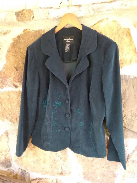 80s Green Velour Blazer Embroidered Flowers Shoul… - image 6