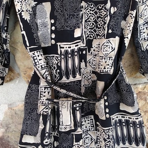 80s Vtg Shirt Dress Black & Tan Collar Belted Shoulder Pads FREE SHIPPING