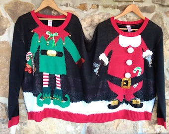 Ugly Christmas Double Body Gag Sweater Santa Elf Bells L/XL Red Green Black White Holiday Time FREE SHIPPING