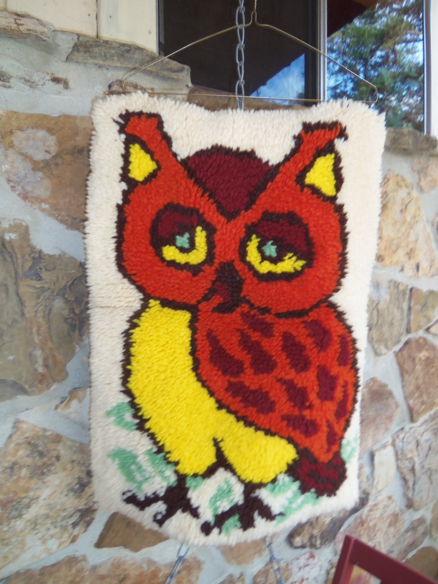 70s Handmade Owl Hook Rug: Vintage Wall Hanging