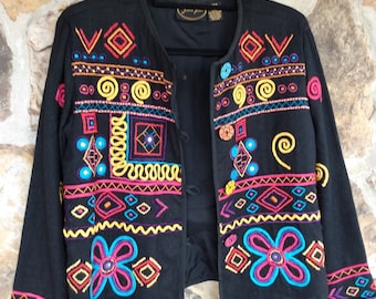 80s Embroidered Black Silk Jacket: Vintage Boho Suit Coat