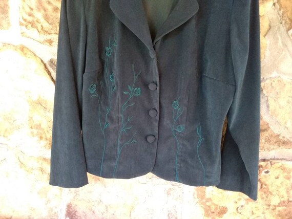 80s Green Velour Blazer Embroidered Flowers Shoul… - image 8