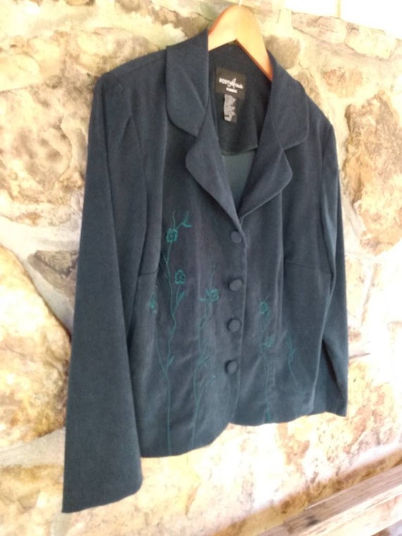 80s Green Velour Blazer Embroidered Flowers Shoul… - image 7