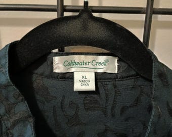 Black Lace Blouse: Pleated Yoke, Covered Buttons, Long Sleeve - XL